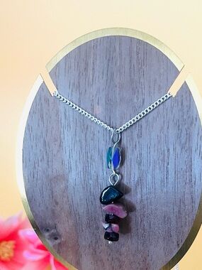 Sterling Silver Pink and Black Stone Pendant Necklace